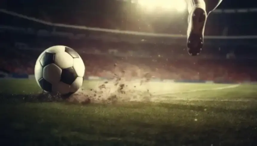 Fußballspieler schießt den Ball im Stadion - BBC Football