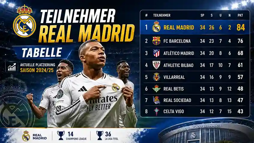 Teilnehmer Real Madrid Tabelle mit aktueller La Liga Platzierung